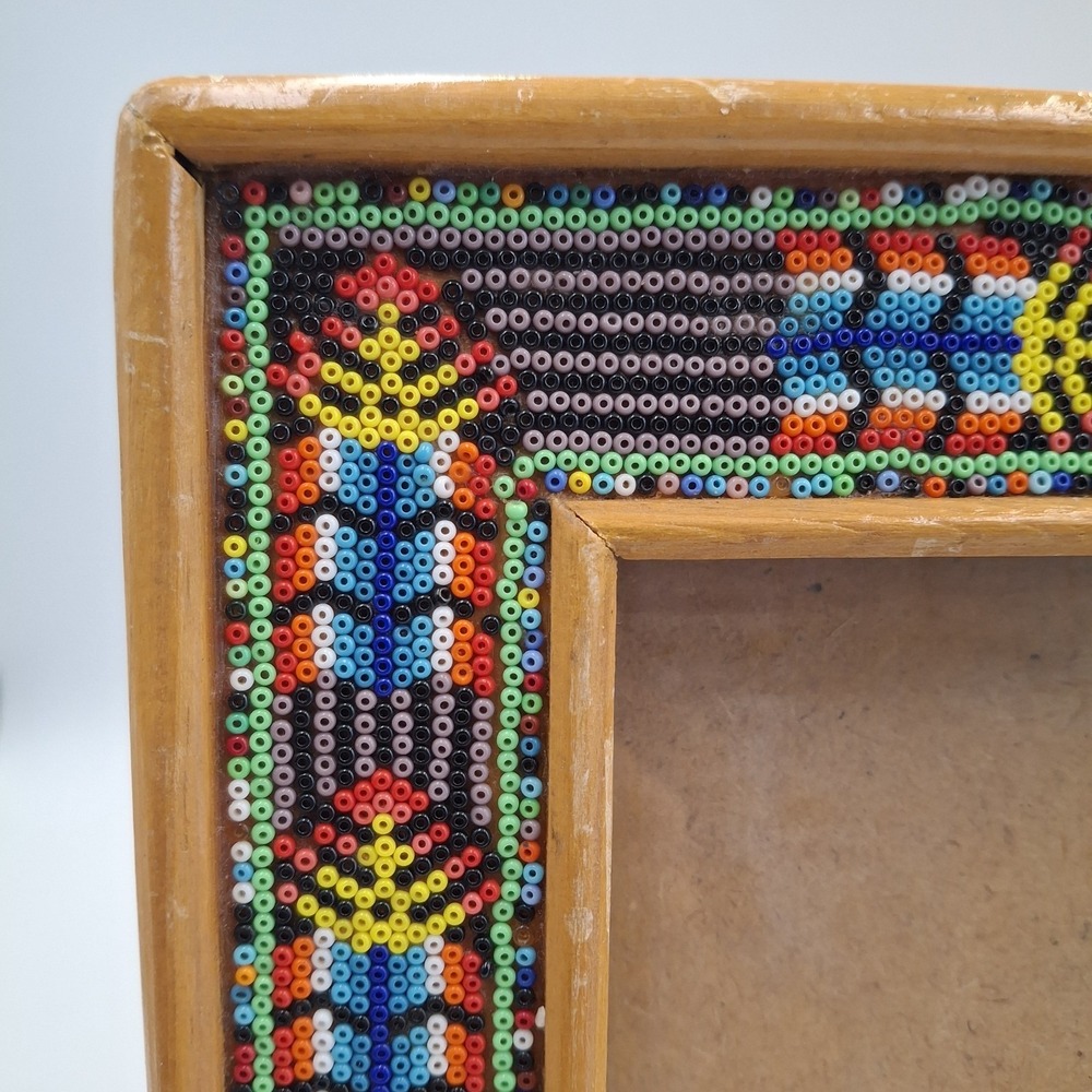 Huichol Beaded Wooden Picture Frame Mexican Folk Art Boho Native Vintage 8x10 - Picture 2 of 16